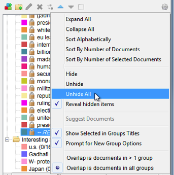 Unhide options on the Groups panel Settings menu