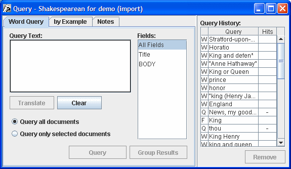 Query Window with Word Query