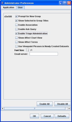 Administrative Preferences Window User Tab