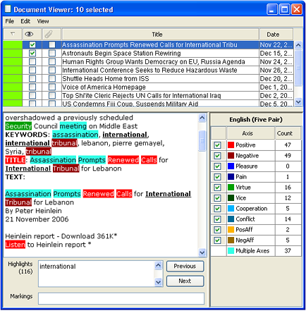 Affect terms in the document viewer