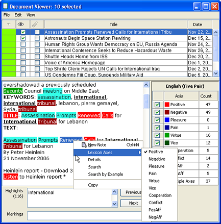 In the document viewer's content pane, adding a word to an affect lexicon.