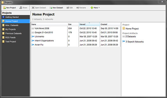 Projects window with Home Project showing